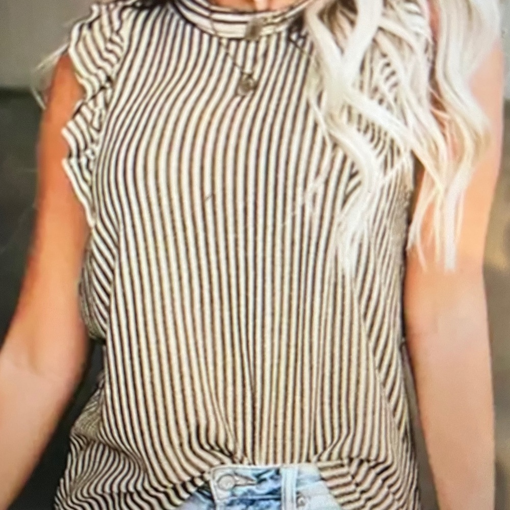 Khaki Striped Crew Neck Ruffled Tank Top